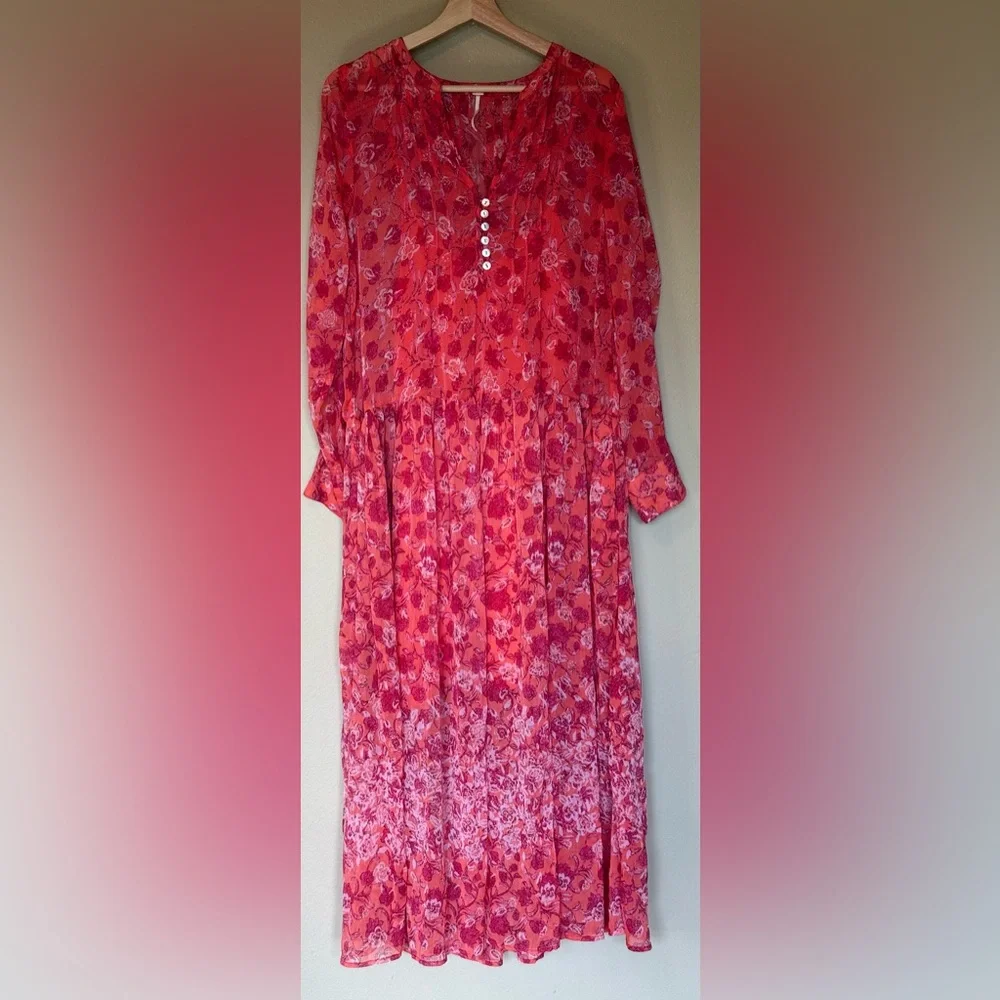 Free People Coral See It Through Flowy Long Sleeve Maxi Dress Size Small